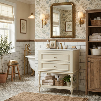 Meuble-lavabo autoportant de 24 po avec lavabo en céramique, meuble-lavabo rétro avec tiroir basculant et tablette ouverte en noir, blanc ou beige