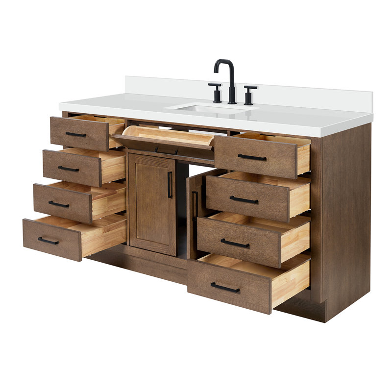 Meuble-lavabo simple en bois massif 66 po avec plateau en quartz blanc Thornaby, Forme rectangulaire, Chêne brun