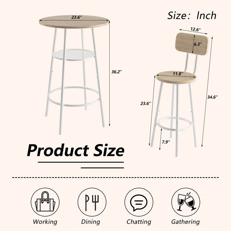 Varville 3-Piece Bar Table Set for 2, Small 2-Tier Round Bistro Pub Dining Table Set with Backrest, Oak, White, Oak