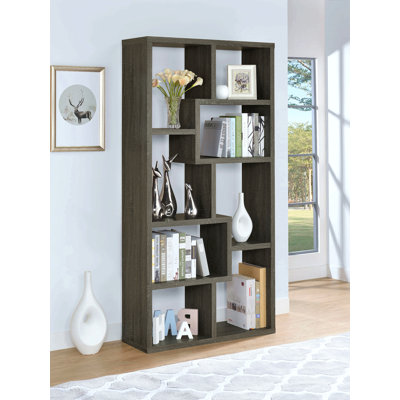Bibliothèque géométrique avec sept (7) tablettes, étagère de rangement, meubles en bois massif, finition grise vieillie, 1 pièce