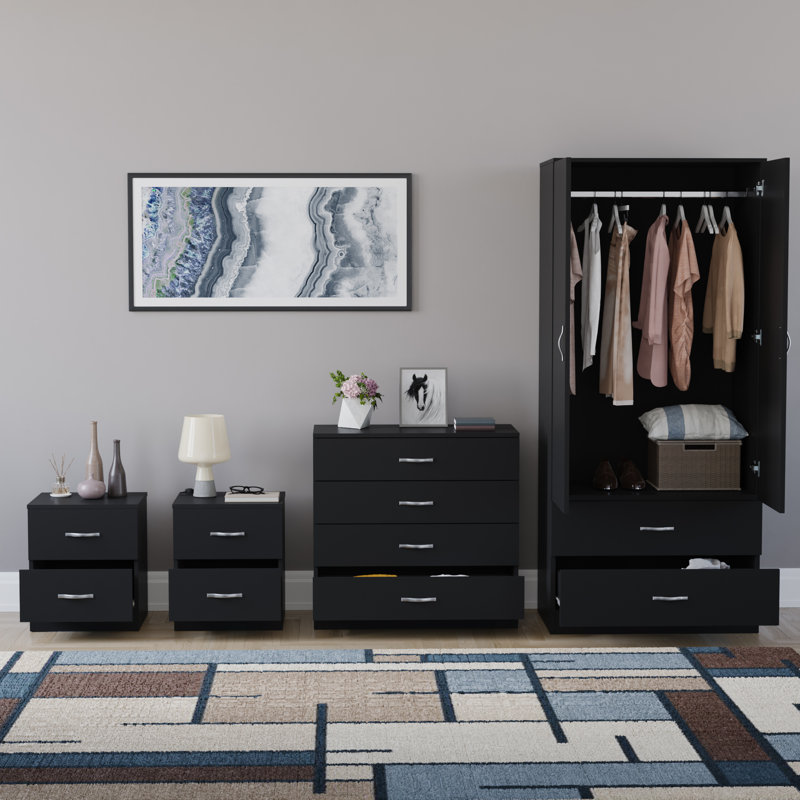 Tayce 4 Piece Bedroom Set (2 Drawer Bedside Chest X2, 4 Drawer Chest, 2 Door 2 Drawer Wardrobe), Black