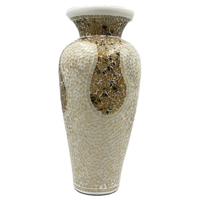 Vase de plancher 24 po - Grand vase en terre cuite fait à la main avec décoration en mosaïque de verre de couleur caramel clair et blanc - Pièce décorative exquise