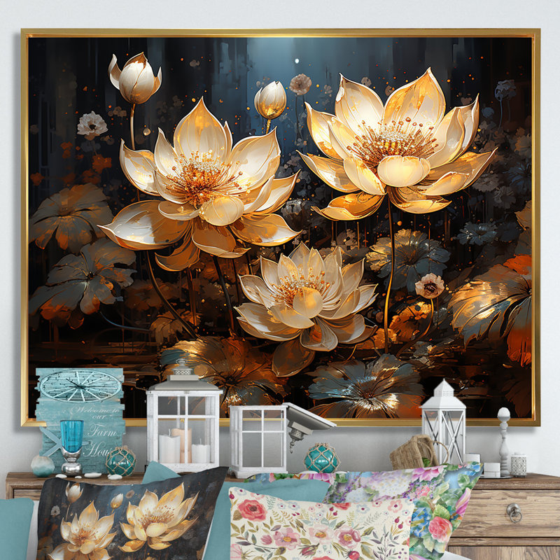 Golden Lotus Tranquility III sur toile, Cadre flottant doré, H 24 po x l 32 po x P 1 po