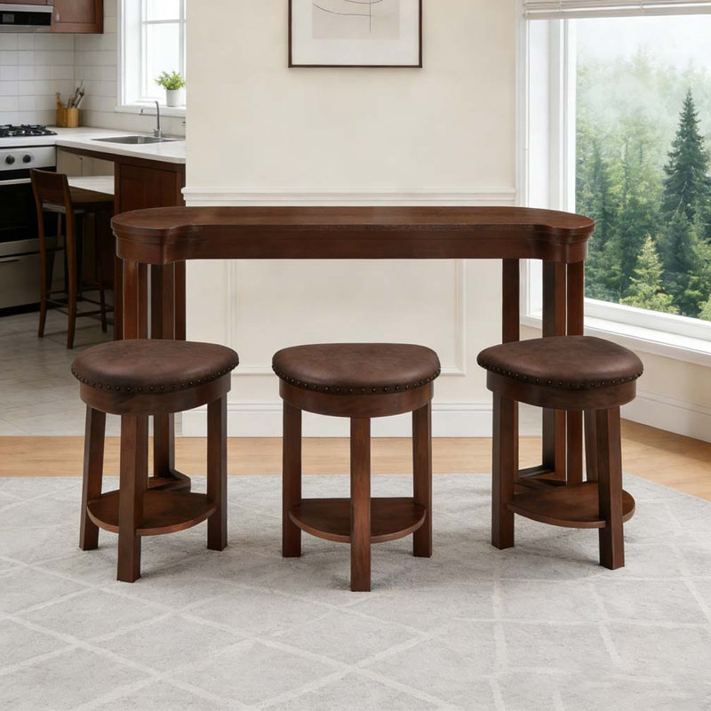 4 Piece Bar Table Set with3 PU Upholstered Bar Stools, Cherry