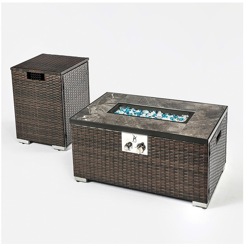 Outdoor rectangular gas fire pit table with propane tank cover