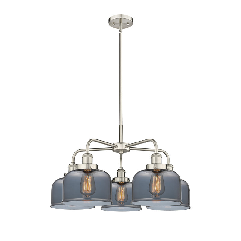 Lustre en verre à 5 lumières Bell, Plaqué couleur fumée, Nickel satiné