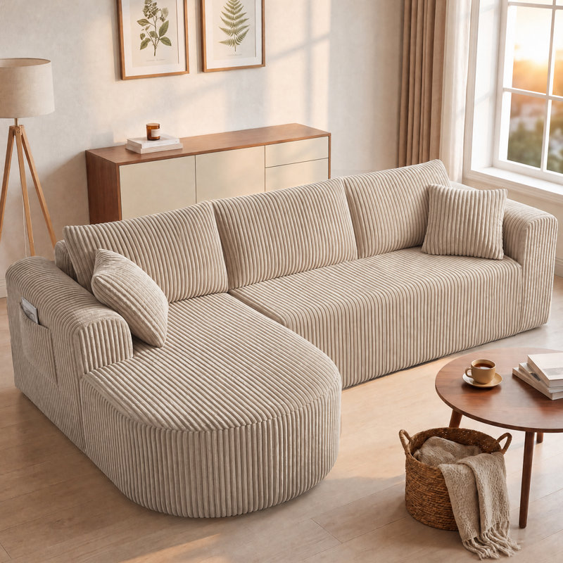 3 Seater Fabric Corner Sectional, Beige, Left