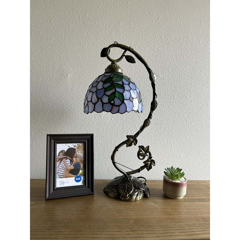 Grayden Tiffany Table Lamp Stained Glass Green Leaves Iron Metal Leaves 11"W*8"D*21"H, Purple 