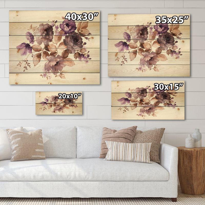 Fleurs mauves rétro avec feuilles brunes - impression traditionnelle sur bois de pin naturel, H 10 po x l 20 po x P 0,78 po