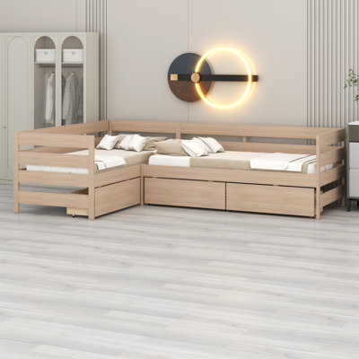Lit plateforme en L avec trois tiroirs de rangement