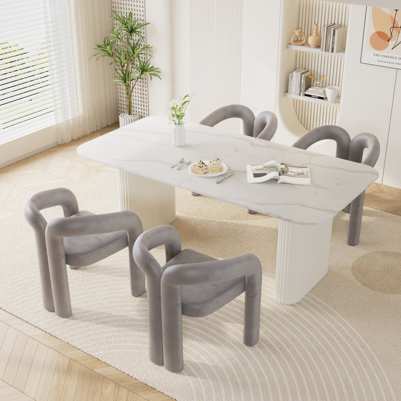Ensemble de table de salle à manger à double piédestal en marbre blanc, 5, Gris