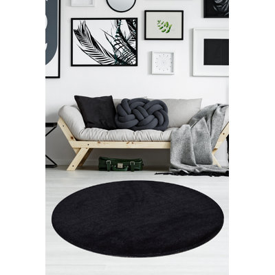 Élégant tapis en acrylique noir, 35,4 pouces de diamètre | 100% acrylique, hauteur des poils de 0,7 à 1,2 po | Antibactérien, antidérapant, dessous lavable à la machine | Parfait pour les espaces de vie modernes, conception douce et durable