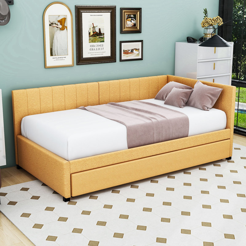 Linen Upholstered Daybed with Trundle, Twin, Yellow