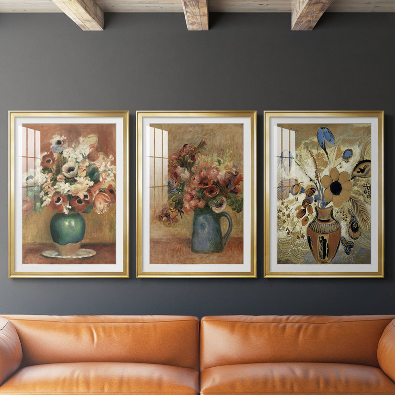 Imprimé floral rétro ccclviii - impression encadrée sur mesure de qualité supérieure - 3 pièces, H 27 po x l 39 po, Doré