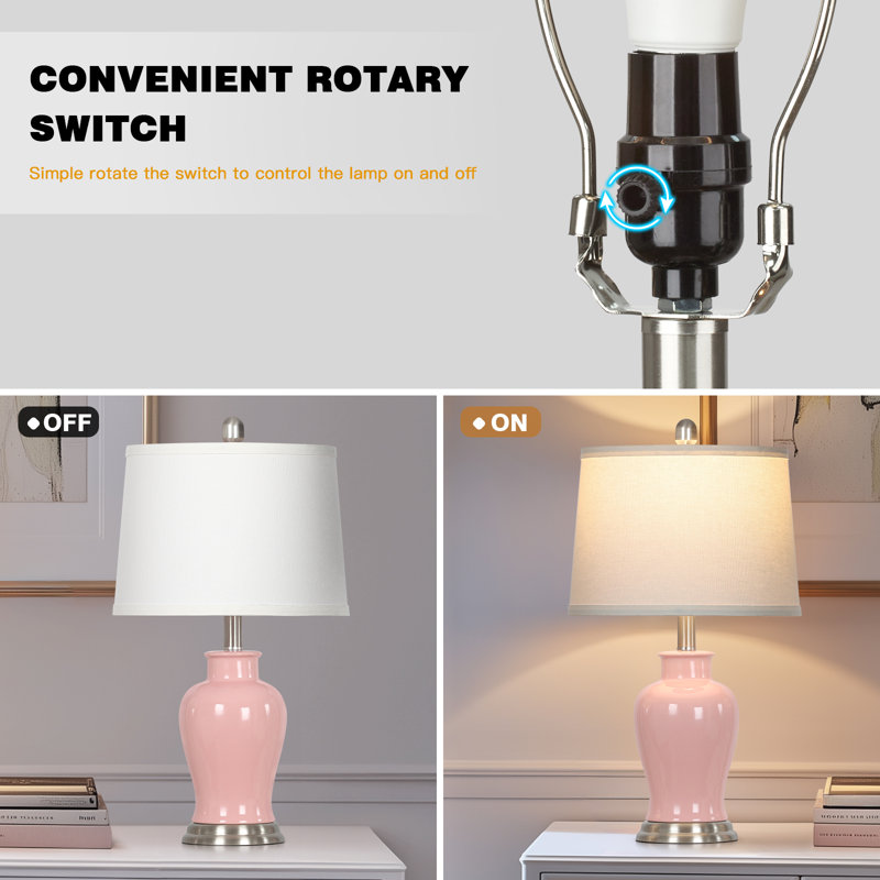 23" Ceramic Ginger Jar Table Lamp With White Fabric Shade And Led Bulb, Pink/Silver