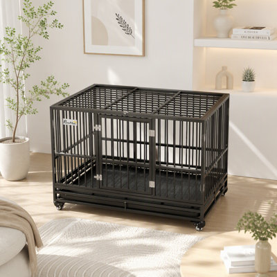 Caisse en métal pour chien à double porte avec roues verrouillables et plateau amovible