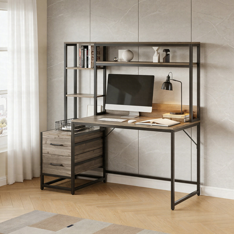 60" Tall Computer Desk With Hutch – Writing Table With 2 Drawers & Storage Shelves, Gray/Black