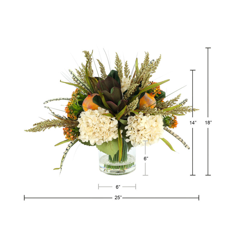 Fall Arrangement with Hydrangeas and Thistle, Cream/Orange