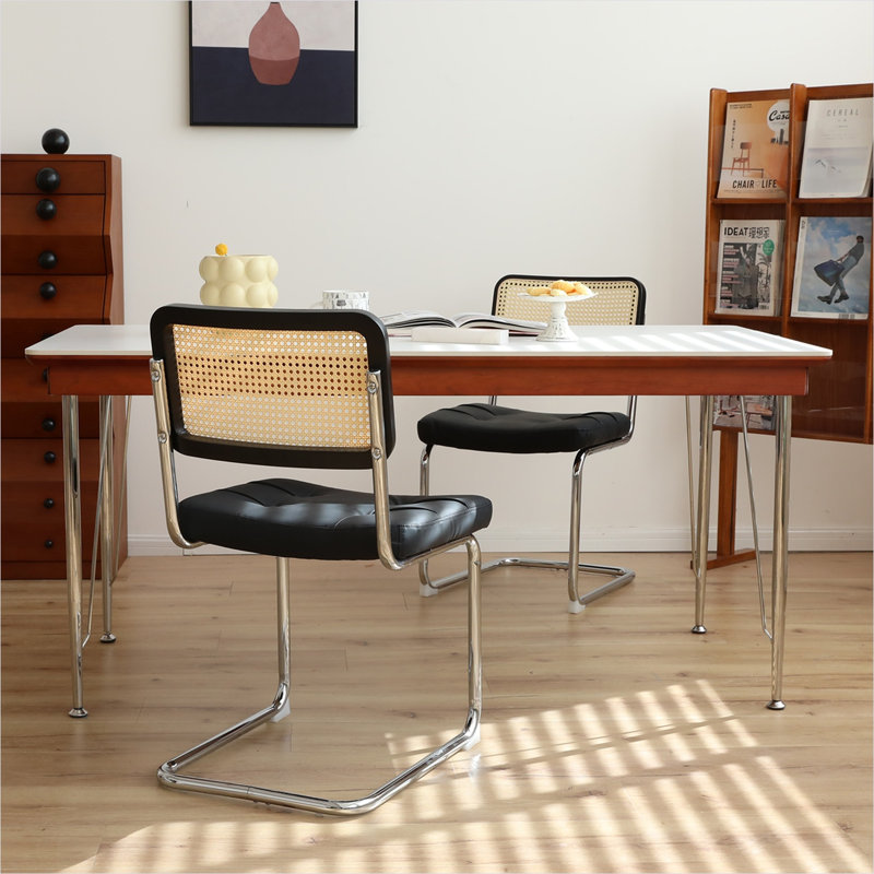 Dining Chairs Set Of 2, Fauex Leather Rattan Side Accent Chairs With Chrome Legs, Modern Mid Century Breuer Designed Chairs, Upholstered Dining Living Room Kitchen Chairs (2Pcs)