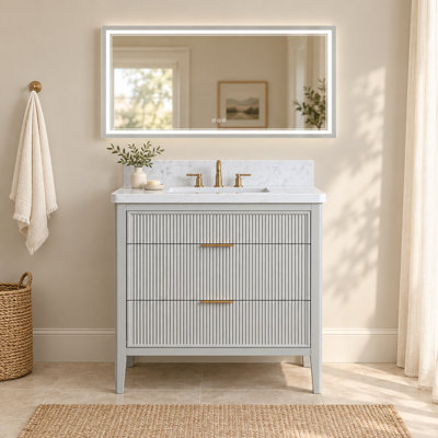 Meuble-lavabo sur pied gris de 76 cm avec lavabo intégré et miroir de courtoisie à DEL de 76 x 140 cm.