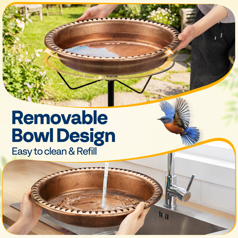 Redwan Oval Polyresin Bird Bath Bowl with Metal Stake , Brown