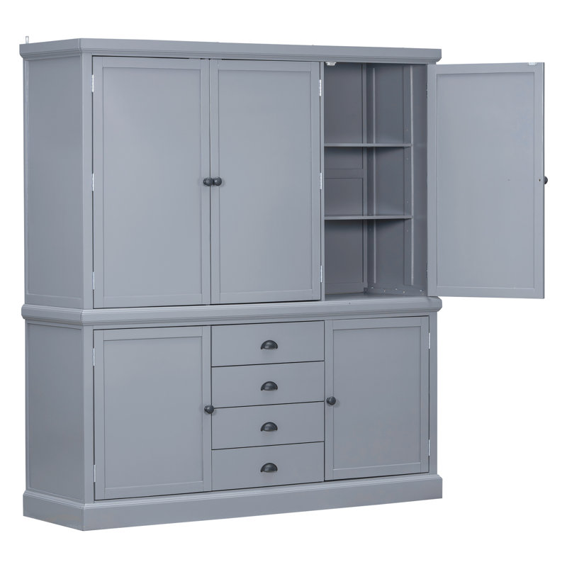 Garde-manger autoportant en bois avec tiroirs, tablettes de porte et tablettes réglables, Gris