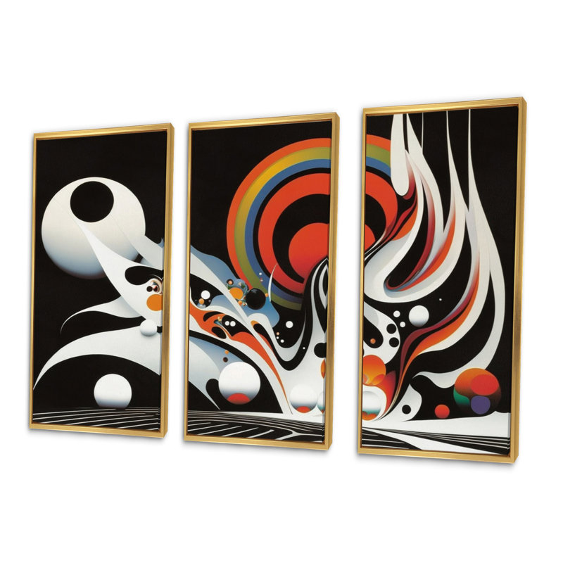 Minimalist Colorful Spheres And Waves VI - impression de 3 pièces, H 28 po x l 36 po x P 1 po, Toile avec cadre doré