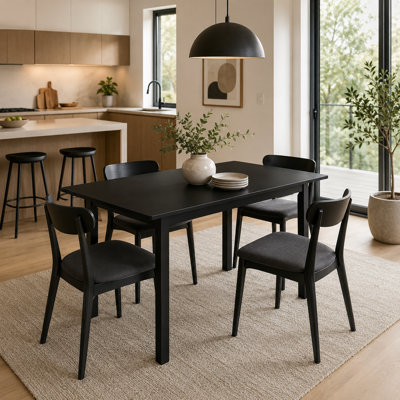 Black wooden extendable dining table; extends to 59 inches; seats 4 to 8 people; multifunctional dining table for small homes.