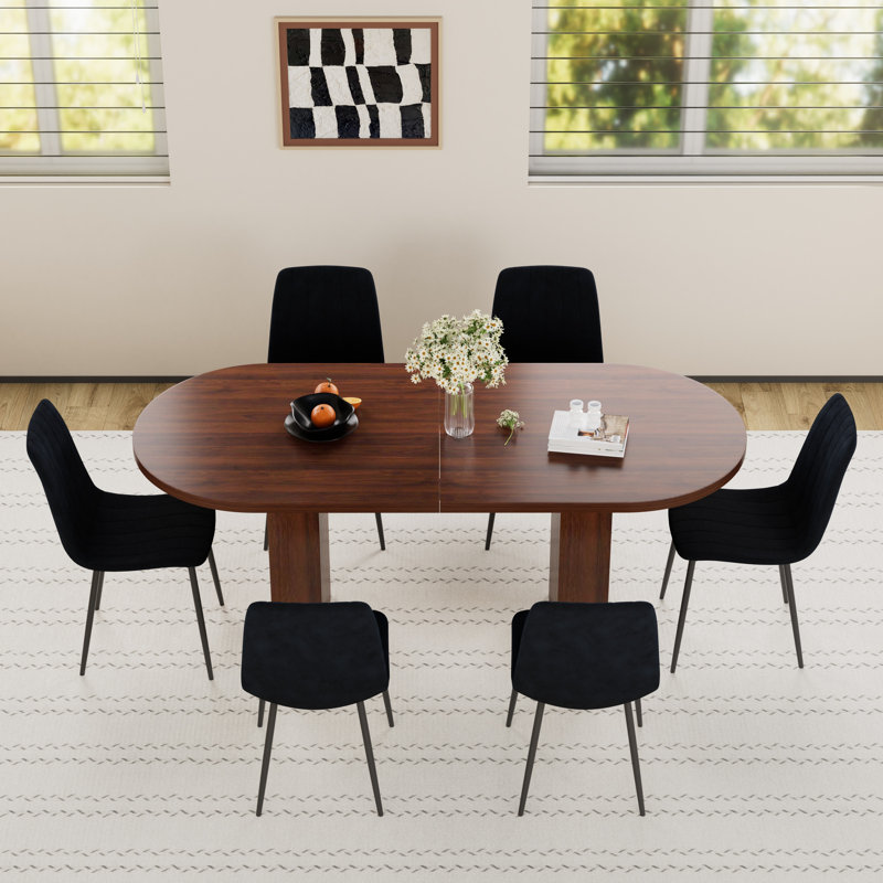 Ensemble de table de salle à manger Mid-Century, 7 pièces : table, 6 chaises, Noir, Noyer