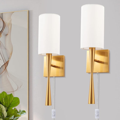 Modern Plug-In Wall Sconce Set Of 2 With Fabric Shade And Antique Brass Finish, On-Off Switch Cord For Vanity, Stairway, Fireplace, Kitchen, Living Room, Bedside