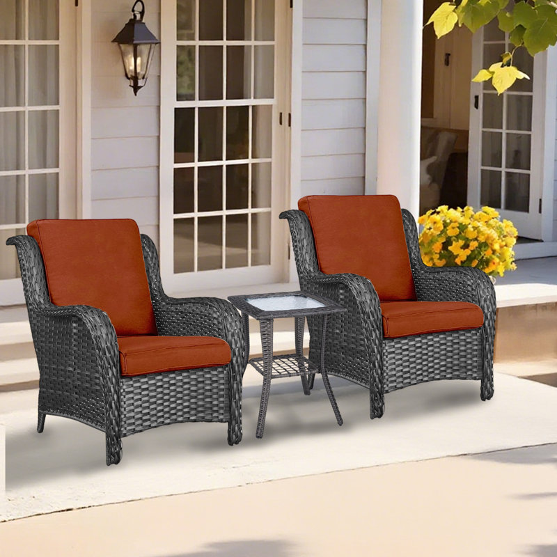 Ensemble de conversation d'extérieur en osier pour 2 personnes avec table à thé et 2 chaises d'appoint (base gris foncé + coussin rouge)