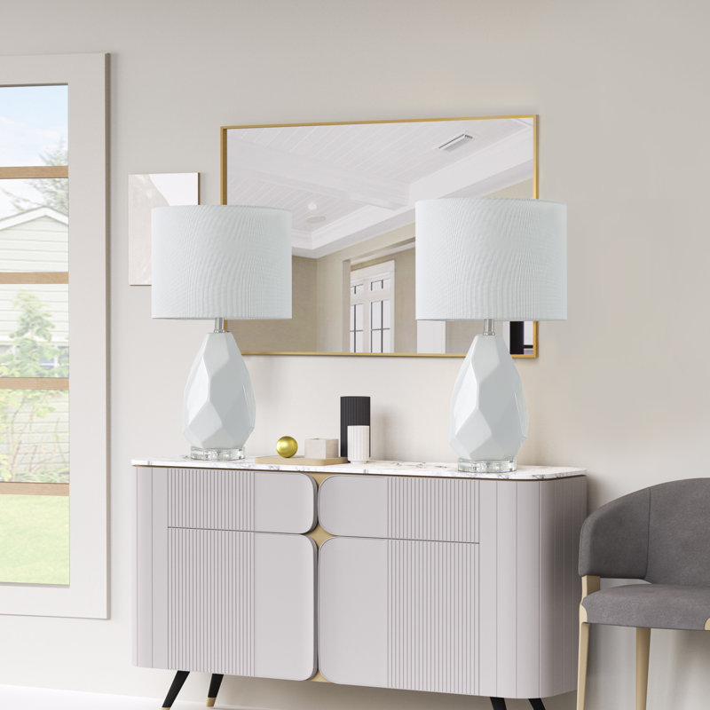 23 po. Cristal de céramique blanche moderne pour chambre à coucher, salon, table de chevet, table de chevet, lampes de table simples avec abat-jour tambour en lin