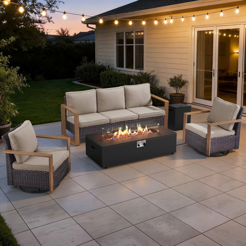Drazen 5 - Person Patio Furniture Set With Fire Pit Table, All-Weather Wicker Outdoor Conversation Set With Chair And Thick Cushions