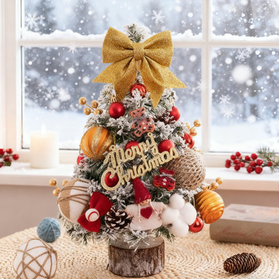 17.7 Inch Tabletop Christmas Tree with Large Gold Bow, Red Decorative Balls, Gold Berries, Gold “Merry Christmas” Letters and Other Decorations, Holiday Home Table Centerpiece, Style A