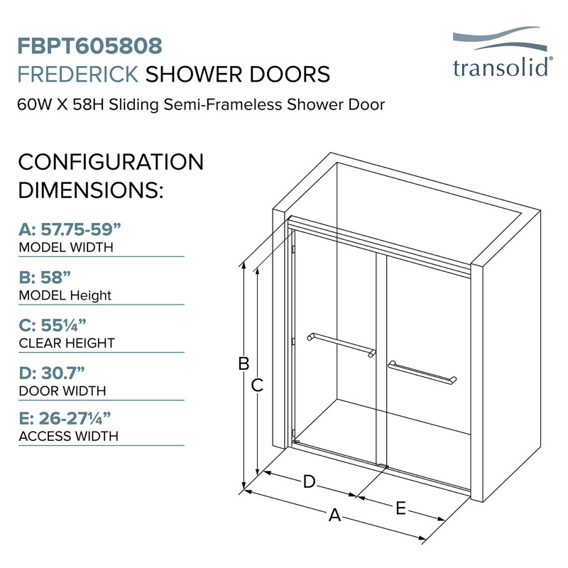 Porte de douche demi-cadre l 57,75 "x H 58" Frederick, Nickel