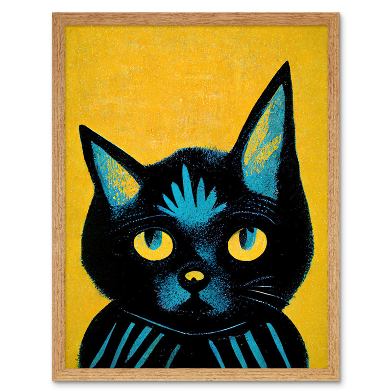Quirky Bold Black Cat Artwork - Painting, Light Brown Framed Paper, 25.9cm H x 20.6cm W
