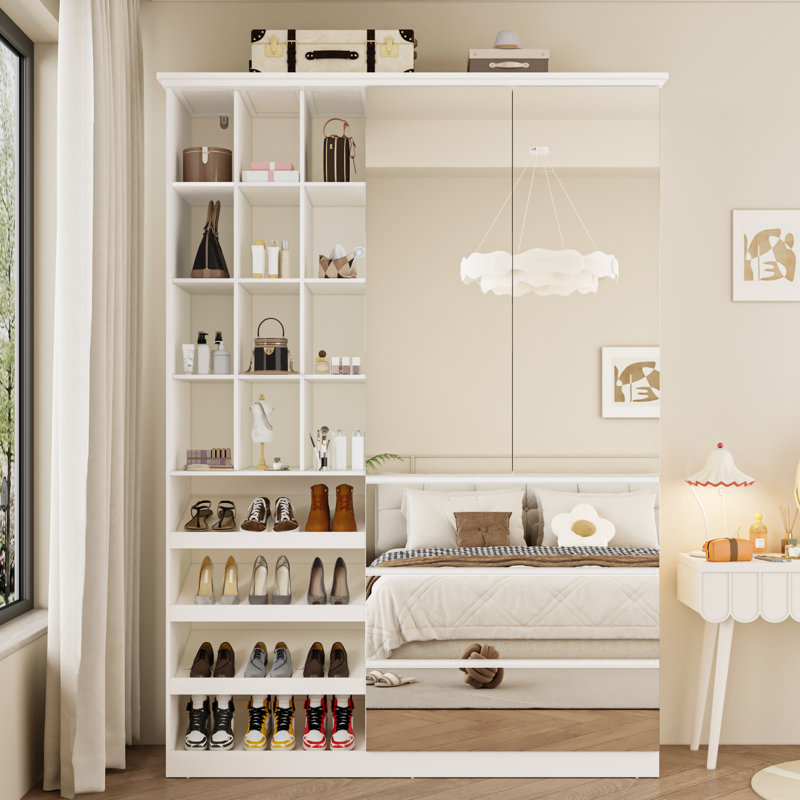 Armoire-penderie pleine grandeur à miroir, armoires modernes avec supports à chaussures, rangement ouvert pour garde-robe, 2 portes et 3 tiroirs pour la chambre à coucher