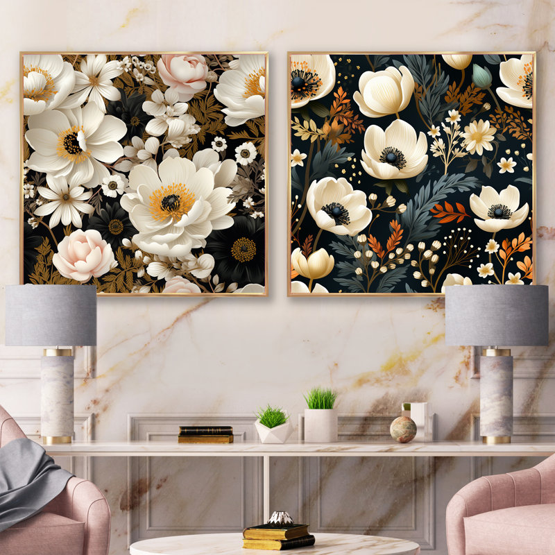 Savoy - Ensemble de 2 collages floraux carrés, Cadre flottant doré, H 30 po x l 61 po