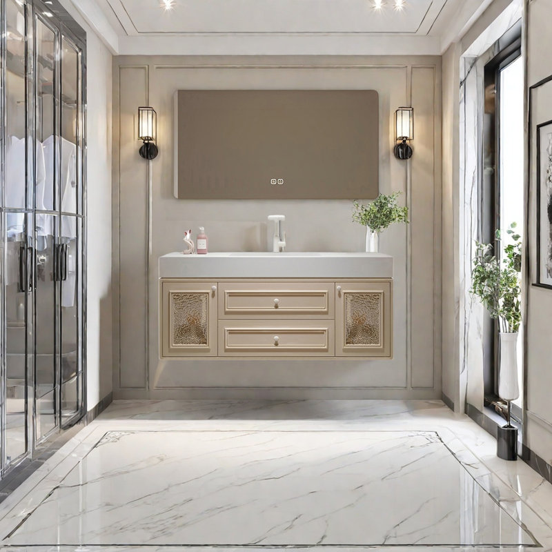 French cream style smart bathroom cabinet, Light Brown, 19.68" H x 47.24" W x 21.65" D