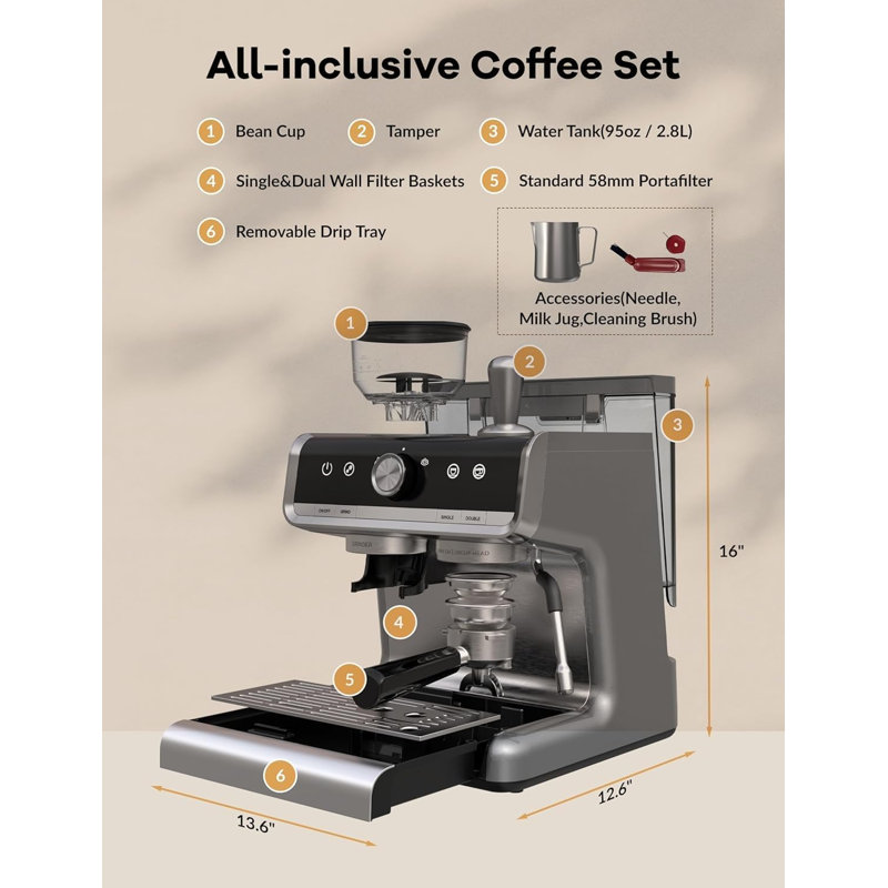 Semi-Automatic Espresso Machine with Built-In Grinder and Milk Frother, 20 Bar Pump for Home Baristas