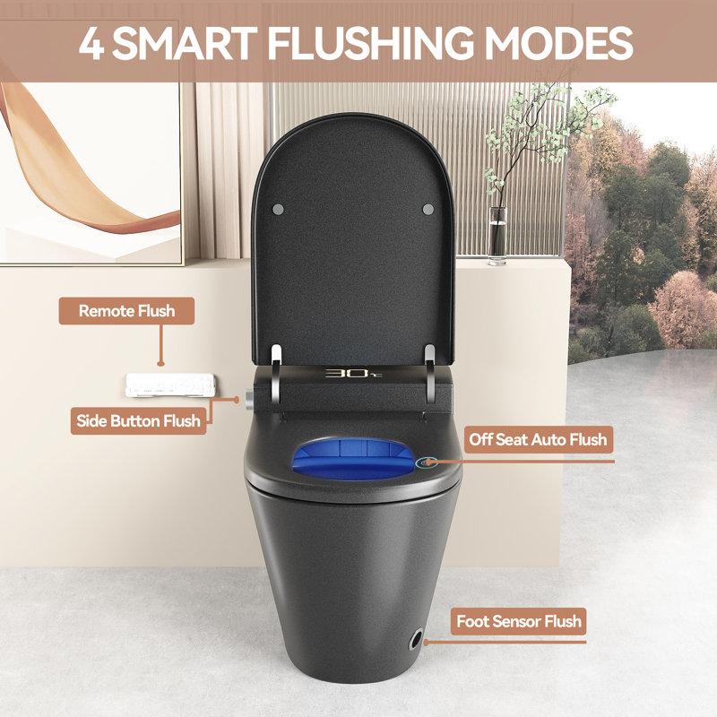 Smart Bidet Toilet With Auto Seat Lid, Warm Water, Air Drying, Night , Grey - Siphonic Jet And Multiple Function Modes Unique Bidet, Open/Close Seat, Heated Instant Led Display, Washing
