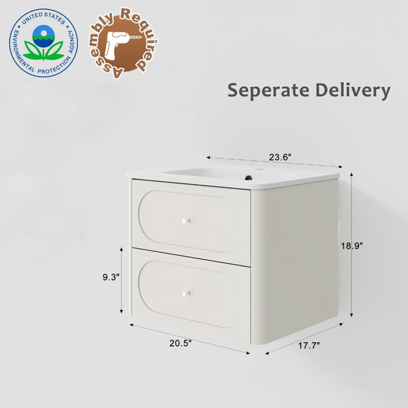 Meuble-lavabo mural de 61 cm (24 po) avec comptoir et robinet, peint à la main, résistant à l'eau, 2 tiroirs lisses et bords arrondis
