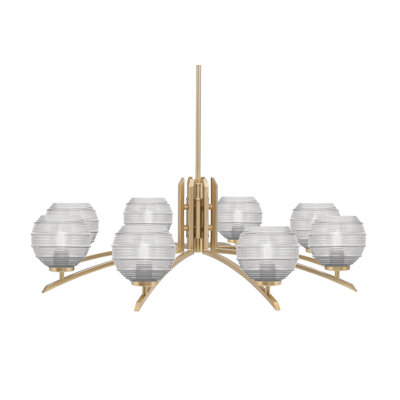 Lustre 8 lumières kurve présenté en finition nouvel âge laiton avec verre nervuré de 6 po