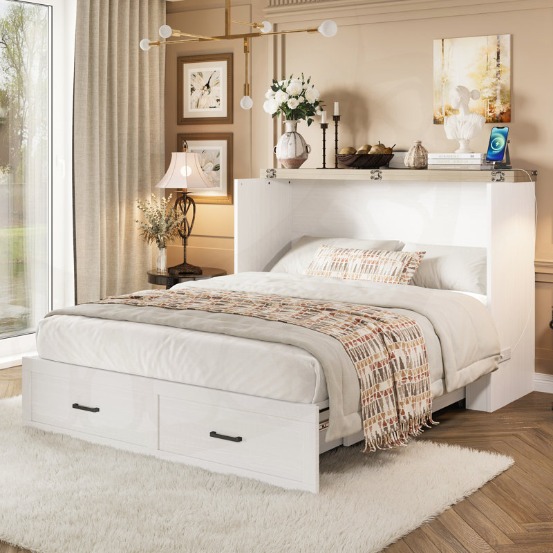 Murphy Antonin Cabinet Full Size with Charging Station, Multi-Functional Foldable Platform Antonin with 1 Large Storage Drawer for Guest Room, Small Antoninroom
