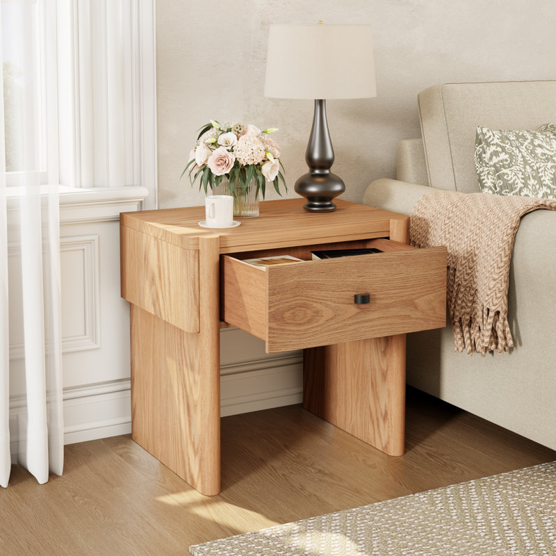 Eakins Modern Wooden Nightstand with Smooth-Glide Drawer, Natural Oak