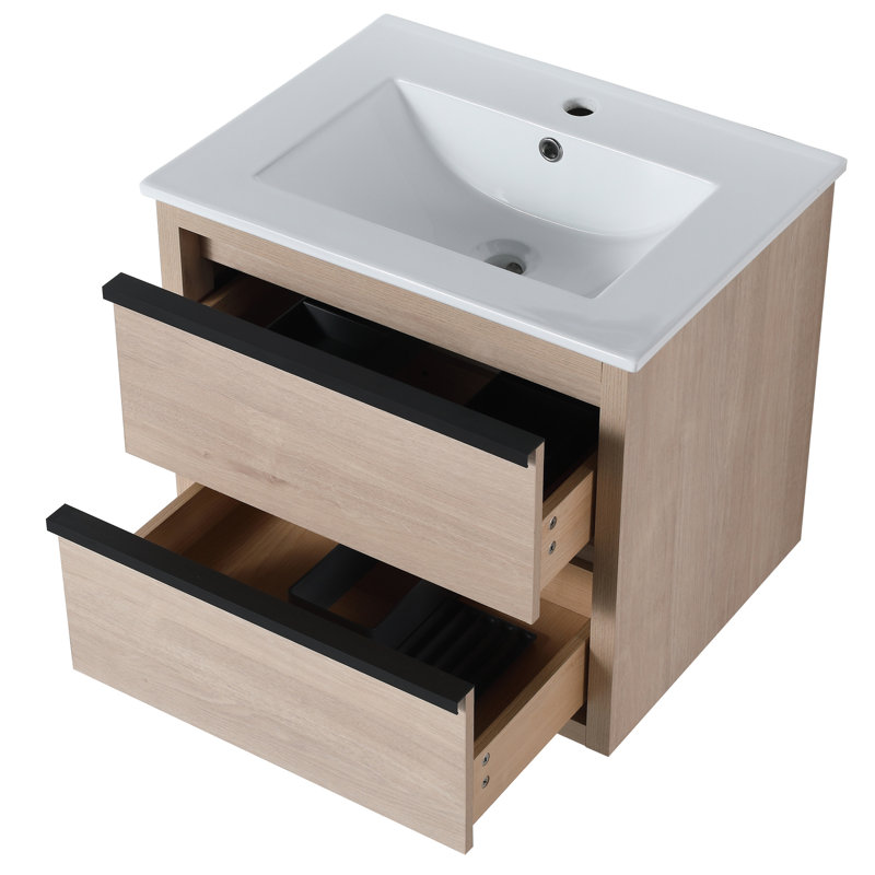 Meuble-lavabo de salle de bain avec 2 tiroirs et lavabo en céramique blanche - Meuble mural élégant Bva02524plo-G-Bl9060b (W1286s00034