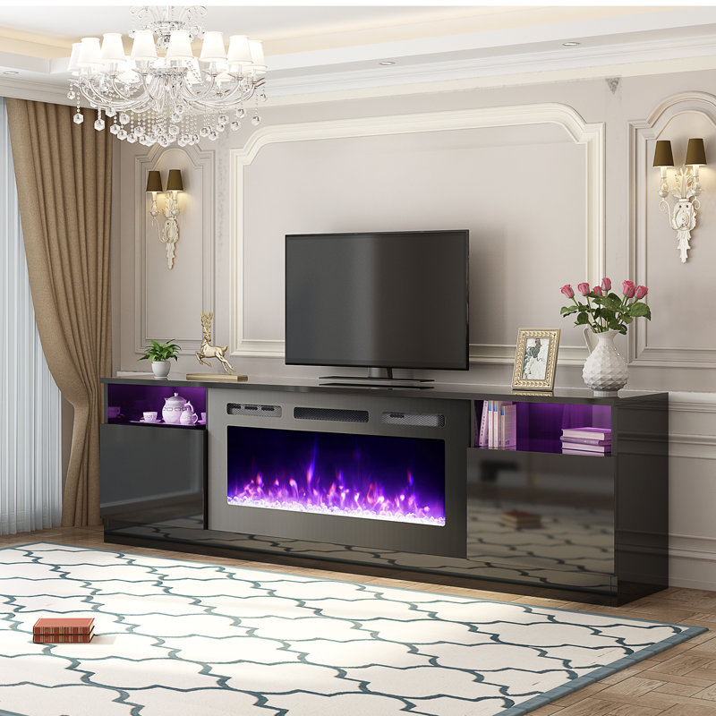 Brennah Unfinished TV Stand for TVs up to 78" with Fireplace Included, Black