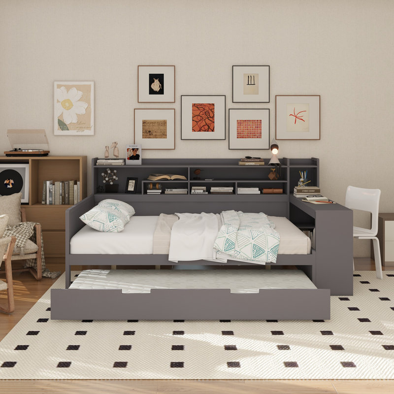 Lit de jour en bois avec tablettes de rangement, lit multifonctionnel avec lit gigogne et bureau d'étude, Lit double, Gris
