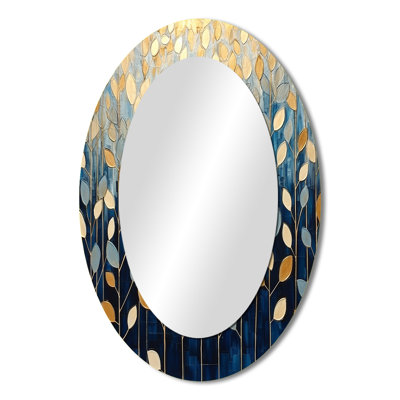 Sharod Gold And Blue Leaves Scenery Minimalism - Leaves Decorative Wall Mirror, Gold Large Mirror, Printed Metal Art