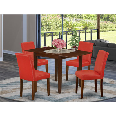 5 Piece Dining Table Set Includes a Rectangle Kitchen Table with Dropleaf and 4 Firebrick Red Faux Leather Upholstered Chairs, Mahogany